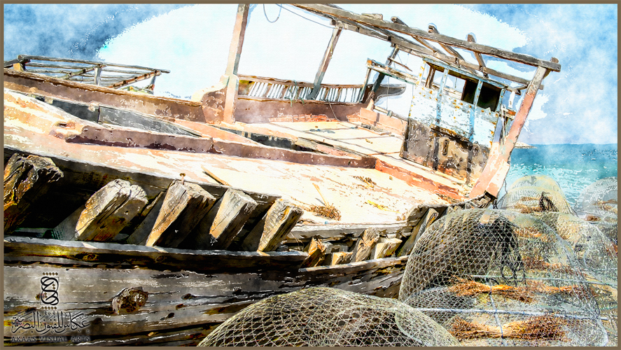 Abandoned ship on beach with nets